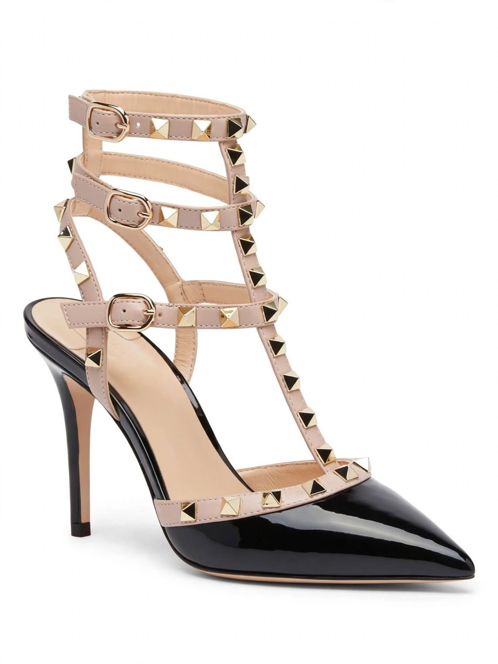 Kaitlyn Pan Black Nude Gold Pyramid Studded Caged Pointed Toe Stiletto Pump Heel
